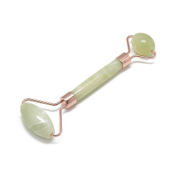 Jade Natural Jade Massage Tools, Facial Rollers, with Brass Findings, Rose Gold, Rose Gold, 13.5~15.3x4~6x2~2.05cm