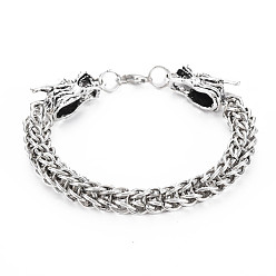 Antique Silver Men's Alloy Wheat Chain Bracelets, Dragon, Antique Silver, 3/8 inch(0.9cm), Inner Diameter: 2-3/8 inch(6cm)