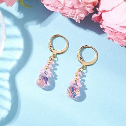 Бледно-Розовый Серьги из стеклянных бусин с застежкой-молнией, с 304 фурнитурой для сережек из нержавеющей стали и стеклянной каплевидной подвеской, золотые, розовый жемчуг, 33~34x8 мм