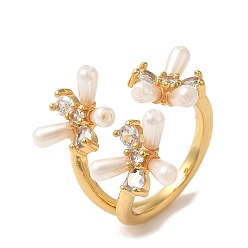 Настоящее золото 18K Манжеты из латуни с микро паве кубический цирконий для женщин, с пластмассовой жемчужиной abs, долговечный, без кадмия и без свинца, цветок, реальный 18 k позолоченный, внутренний диаметр: 18 мм