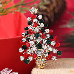 Рождественская елка Брошь-булавка из золотистого сплава со стразами на рождественскую тематику, красочный, рождественская елка