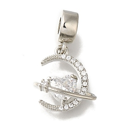 Платина Стеллажное покрытие латунь проложить прозрачный кубический цирконий европейские подвески с подвесками, Подвески в виде луны и сердца с большими отверстиями, без свинца и без кадмия, долговечный, платина, 24 мм, отверстие : 4 мм