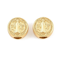 Echt 18 k vergoldet Messing europäischen Perlen, Großloch perlen, Gestell, langlebig überzogen, Bleifrei und cadmium frei, flacher, runder St.-Benedikt-Medaille, echt 18 k vergoldet, 14x8.5 mm, Bohrung: 5 mm
