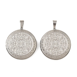 Нержавеющая Сталь Цвет 316 подвески из нержавеющей стали Locket, плоская круглая с подвеской в виде цветка, с 304 защелкой из нержавеющей стали на поручнях, цвет нержавеющей стали, 48x44.5x9.5 мм, отверстие : 11.5x6 мм, внутренний диаметр: 29.5 мм