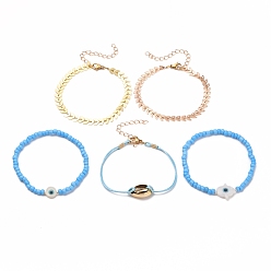 Mixed Color Bracelets Sets, Including Brass Cobs Chain Bracelets, Glass Seed Stretch Bracelets, with Evil Eye Natural Shell Beads, Waxed Polyester Cord and 304 Stainless Steel Lobster Claw Clasps, Mixed Color, 2 inch(5.1cm), 7.17~7.28 inch(18.2~18.5cm), 5pcs/set