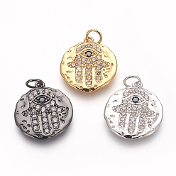 (52) Непрозрачная лаванда Латунные микро проложить кубического циркония подвески, без свинца, без кадмии и без никеля, плоский круглый с hamsa рука / рука fatima / рука miriam, прозрачные, разноцветные, 18x16x2 мм, отверстие : 3 мм