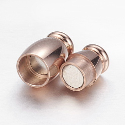 Rose Gold Barrel 304 Stainless Steel Magnetic Clasps with Glue-in Ends, Rose Gold, 14x6.5mm, Hole: 3mm