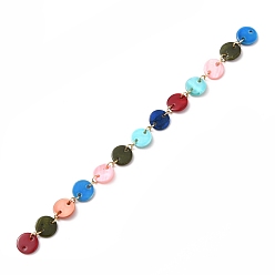 Mixed Color Handmade Flat Round Spray Paint Freshwater Shell Link Chains, with 304 Stainless Steel Open Jump Rings, Mixed Color, 10x2mm, 39-3/8 inch(100cm)/strand