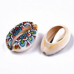 Colorful Printed Natural Cowrie Shell Beads, No Hole/Undrilled, with Flower Pattern, Colorful, 18~22x13~14x6~8mm