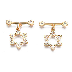 Real 18K Gold Plated Brass Micro Pave Clear Cubic Zirconia Toggle Clasps, Nickel Free, Flower, Real 18K Gold Plated, Flower: 16.5x12.5x1.5mm, Bar: 20x5.5x2.5mm, Jump Ring: 5x1mm, 3mm inner diameter