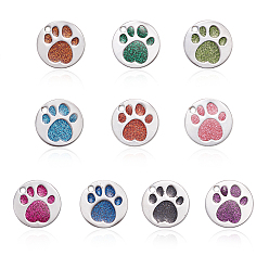 Mixed Color Enamel Pendants, with Platinum Plated Alloy Loop and Glitter Powder, Flat Round with Dog Paw Prints, Mixed Color, 25x1.7mm, Hole: 2.6mm