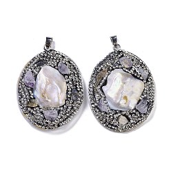 Black Natural Shell Polymer Clay Rhinestone Pendants, Resin Amethyst Teardrop Charms with Platinum Plated Brass Snap on Bails, Black, 53.5~55x40~40.5x8~8.5mm, Hole: 6.5x5mm