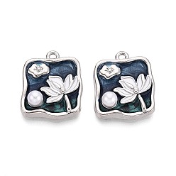 Платина Стойки обшивки сплава эмали подвески, Квадрат и цветок, с ABS имитации жемчуга, платина, 24x19.5x6 мм, отверстие : 1.6~1.8 мм