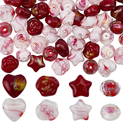 Color mezclado 80 piezas 8 estilos cuentas de murano hechas a mano, corazón, estrella, rondel y rosa, color mezclado, 9~12x9~12x6.5~8 mm, agujero: 0.8~2 mm, 10 piezas / estilo