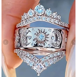 Серебро 3шт. латунные кольца с микропаве из прозрачных кубических цирконий для женщин, корона, штабелируемые кольца, серебряные, размер США 8 (18.1 мм)