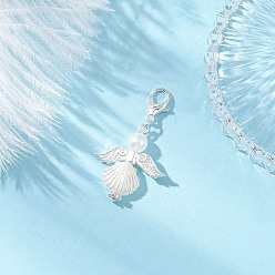 Серебро Подвески из искусственного жемчуга и сплава ангелов, Сплав с застежками когтя омара, серебряные, 37 мм, Кулон : 25x22x6 мм