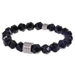 Камень с Пылевым Золотом Эластичные браслеты для мужчин из синтетического черного золотистого камня и натурального обсидиана., многоугольник, с колонновидным валиком из нержавеющей стали, 7.09 дюйм (18 см) ~ 8.66 дюйм (22 см)