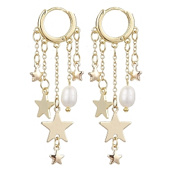 Золотой Серьги-кольца из латуни и натурального пресноводного жемчуга, с фурнитурой латунной для серег, звезда, золотые, 56x17x6 мм