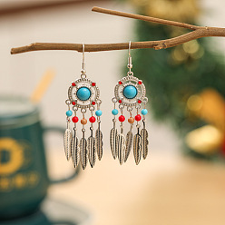 Небесно-голубой Серьги из сплава из смолы, плоские круглые с пером, серебряные, голубой, 70 мм