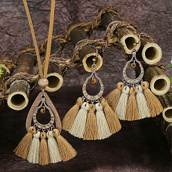 Teardrop Ожерелье с подвеской в виде кисточки из сплава и дерева и серьги-подвески, античная бронза, слеза, 780 мм и 74x48 мм