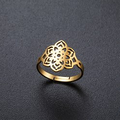 Golden 304 Edelstahl Fingerringe, Blume, golden, 16 mm