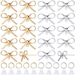 Real Gold Plated & Real Platinum Plated 20шт. 2 цвета латунные серьги-гвоздики фурнитура, бантом, с петлей, с 50шт. 2 цветами 304 открытыми соединительными кольцами из нержавеющей стали и 60шт. пластиковыми гайками-заушниками, настоящее золото и платина, 8~10x15 мм, отверстие : 1 мм, штифты : 0.7 мм