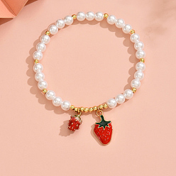 Клубника Латунь эмаль шарм браслеты, Браслеты из пластиковых бусин с имитацией жемчуга для женщин, клубника, внутренний диаметр: 2-3/8 дюйм (6 см)