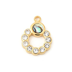 Настоящее золото 18K Подвески-кольца из натуральной ракушки пауа, с 304 фурнитурой из хрусталя и страз из нержавеющей стали, ионное покрытие (ip), реальный 18 k позолоченный, 14x10x2 мм, отверстие : 1.4 мм