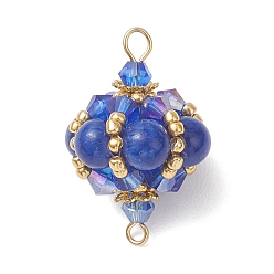 Желтый Нефрит Подвески-фонарики из натурального окрашенного желтого нефрита круглой формы и стеклянных бусин, с обмоткой из медной проволоки, золотые, синие, 28~29.5x18~19 мм, отверстие : 2 мм