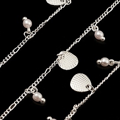 Silver Brass Curb Chains, with Shell & Plastic Pearl Beads Charms, Unwelded, with Spool, Silver, 2x1x0.5mm