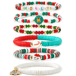 Mixed Shapes 6шт. 6 стили Рождественские эластичные браслеты из полимерной глины, смолы, стекла и акриловых бусин для женщин, разнообразные, 6.89 дюйм (17.5 см)