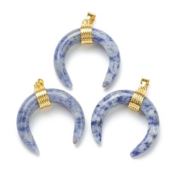 (306FM) Жонкиль матовый с лаймовой подкладкой Натуральные синие пятна яшмы подвески, с фурнитурой позолоченной латунной, двойной рог / полумесяц, 31~33x30x10 мм, отверстие : 6x4 мм