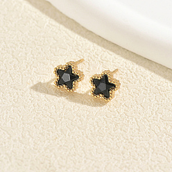 Black 201 Stainless Steel Pave Cubic Zirconia Stud Earrings for Women, Star, Golden, Black, 10x10mm