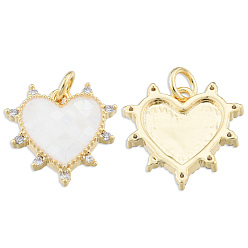 White Brass Micro Pave Clear Cubic Zirconia Pendants, with Jump Rings and Shell, Enamel, Real 18K Gold Plated, Nickel Free, Heart, White, 15.5x15.5x3mm, Jump Ring: 5x1mm, 3mm inner diameter