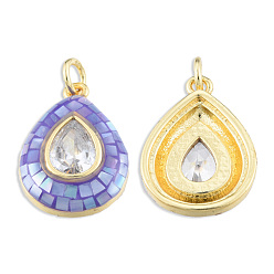 Medium Purple Brass Pave Clear Cubic Zirconia Pendants, with Jump Rings and Shell, Enamel, Real 18K Gold Plated, Nickel Free, Teardrop, Medium Purple, 19x13.5x4.5mm, Jump Ring: 5x1mm, 3mm inner diameter