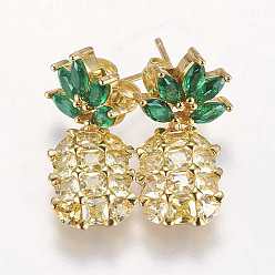 Golden Brass Dangle Stud Earrings, with Cubic Zirconia, Pineapple, Long-Lasting Plated, Golden, 25x12x4mm, Pin: 0.8mm
