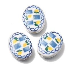 Blue Hand Painted Oval Porcelain Beads, Lemon Pattern Ceramic Beads , Blue, 21.5x17x7.5mm, Hole: 2.4mm