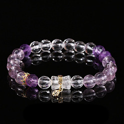 Аметист Браслеты из натуральных круглых бусин аметиста и кварца, бамбук, внутренний диаметр: 2-1/8 дюйм (5.5 см)