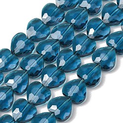 Steel Blue Transparent Glass Beads Strands, Heart, Faceted, Steel Blue, 10x10x4.5mm, Hole: 1mm, about 70pcs/strand, 25.83''(65.6cm)
