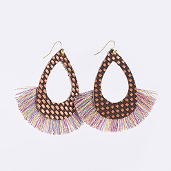Dark Salmon PU Leather Dangle Earrings, with Nylon Tassel and Brass Earring Hooks, Teardrop, Golden, Dark Salmon, 83mm, Pin: 0.7mm