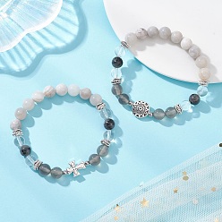 Mixed Shapes 2Шт. круглых бусин из натурального кварца, серого агата, ларвикита и белого агата с эффектом «сумасшедшего кружева», браслеты из сплава с крестообразными и плоскими круглыми звеньями, разнообразные, внутренний диаметр: 2-1/8 дюйм (5.5 см)