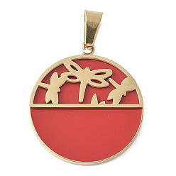 Красный 304 нержавеющей стальной эмали подвески, ионное покрытие (ip), плоский круглый с подвеской в виде стрекозы, золотые, красные, 34x30x3.5 мм, отверстие : 8.3x5 мм