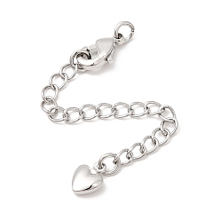 Платина Латунный удлинитель цепи, с сердцем прелести и когтя омара застежками, платина, 72 мм