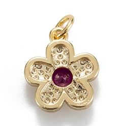 Medium Violet Red Brass Cubic Zirconia Charms, Real 18K Gold Plated, Long-Lasting Plated, Plum Blossom , Medium Violet Red, 14x12x3.5mm, Hole: 3mm, Jump Ring: 5x0.8mm