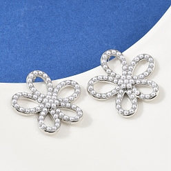 Платина Серьги-гвоздики из искусственного жемчуга с цветком из латуни и АБС-пластика, долговечный, без кадмия и без свинца, стойки покрытие, платина, 29x29.5 мм