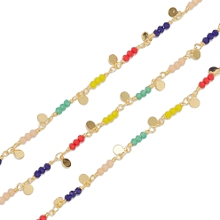 Colorful Handmade Round Glass Beaded Chains, with Brass Findings and Spool, Unwelded, Long-Lasting Plated, Flat Round, Colorful, 3x2mm, Round: 5x4x0.5mm, 32.8 Feet(10m)/roll