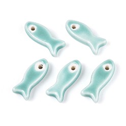 Бледно-Зеленый Ручной фарфоровые керамические шарики, рыба, яркие глазированный фарфор, бледно-зеленый, 24~25x10x6 мм, отверстие : 2 мм