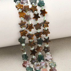 Смешанные камни 5 Виды бусин: синтетический малахит, натуральный родонит, бирюза Хубэй, тигровый глаз и индийский агат., звезда, с бисером, смешанные окрашенные и неокрашенные, 6x5.5x2.5 мм, отверстие : 1 мм, около 54 шт / нитка, 15.35'' (39 см) ~ 15.55'' (39.5 см)