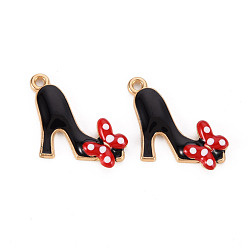 Black Alloy Enamel Pendants, Cadmium Free & Lead Free, Light Gold, High-Heeled Shoes with Butterfly, Black, 20x20.5x2.5mm, Hole: 1.5mm