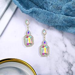 Разноцветный Латунные горный хрусталь болтаться серьги, со стеклом, прямоугольные, золотые, красочный, 60x23 мм